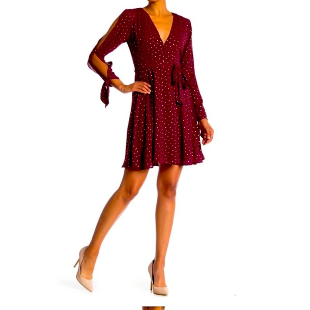 Laundry by Shelli Segal Split Sleeve Wrap Dress Burgundy Gold Polka Dot